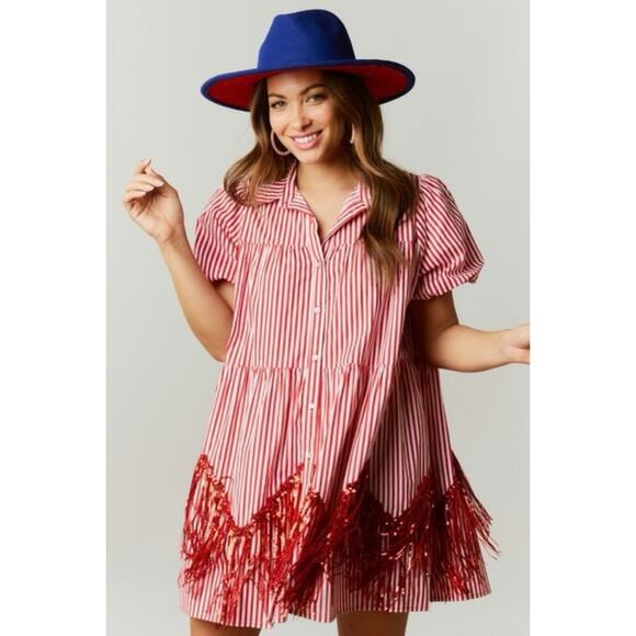 Fantastic Fawn Red White Stripe Sequin Tassel Fringe Shirt Dress Small College - Picture 14 of 14